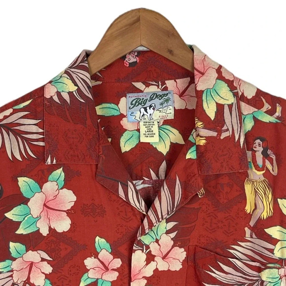 BF271 Mens Authentic BIG DOGS Brand Hawaii Hula Girl Floral Rayon Button Shirt L - Picture 3 of 5
